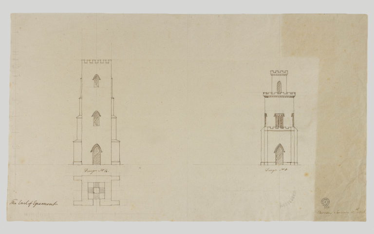 Soane office: Design for a prospect tower in the Castle style for the Earl of Egremont, 1816: Plan & elevations for Designs Nos 3 & 4 © Sir John Soane’s Museum, London